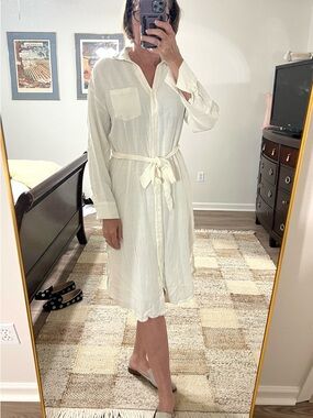 Bobi Black Belted Collared Long Sleeve Button Front Shirt Dress White Small NWOT